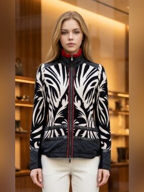 Women's Black & White Patterned Bomber Jacket with Red Trim